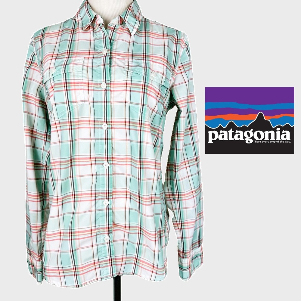 Patagonia Womens Plaid Roll Tab Long Sleeve Button Down Hiking Shirt Mint Pink 6